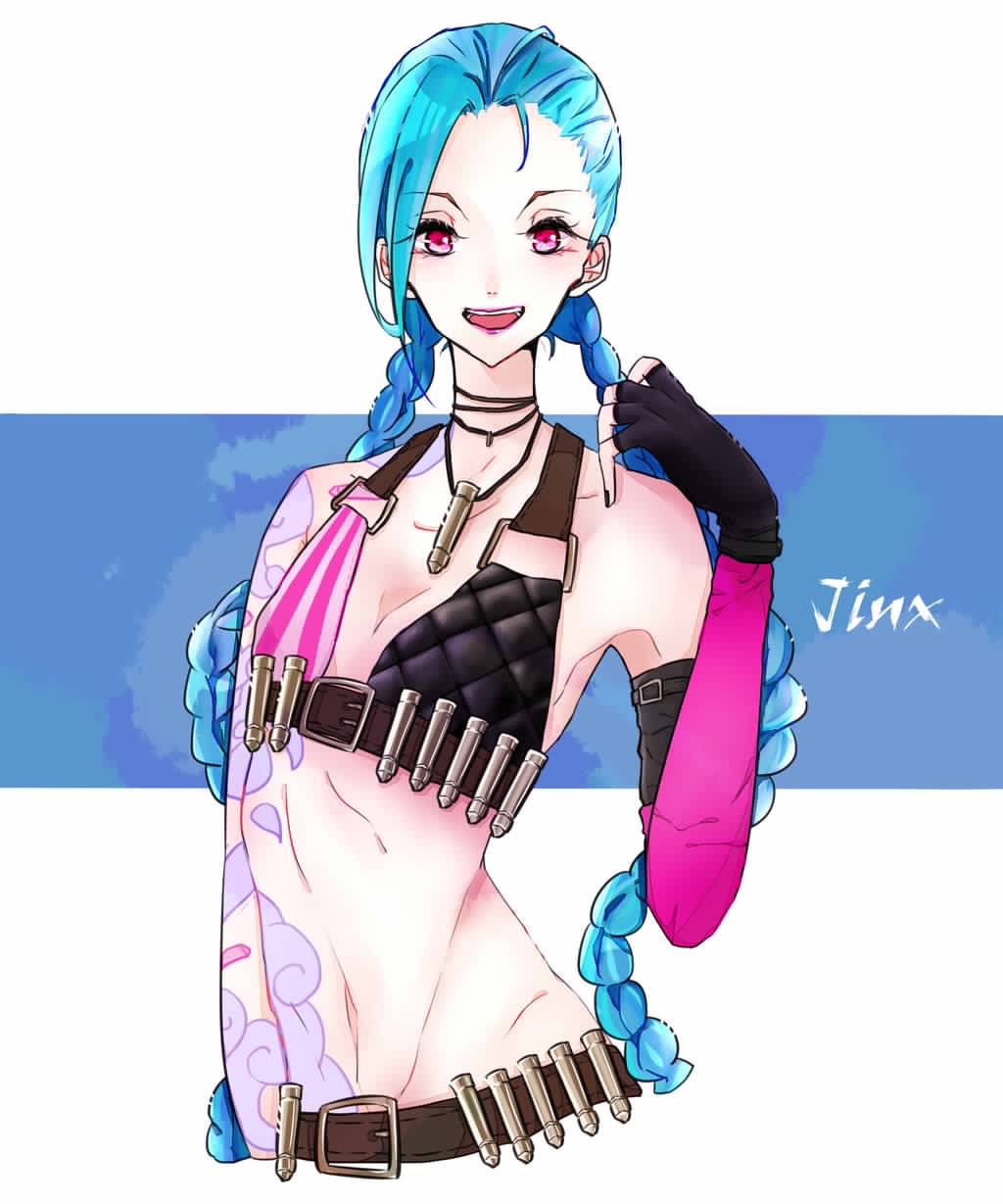 1girl, belt, blue_hair, braid, bullets, gloves, jinx_(league_of_legends), league_of_legends