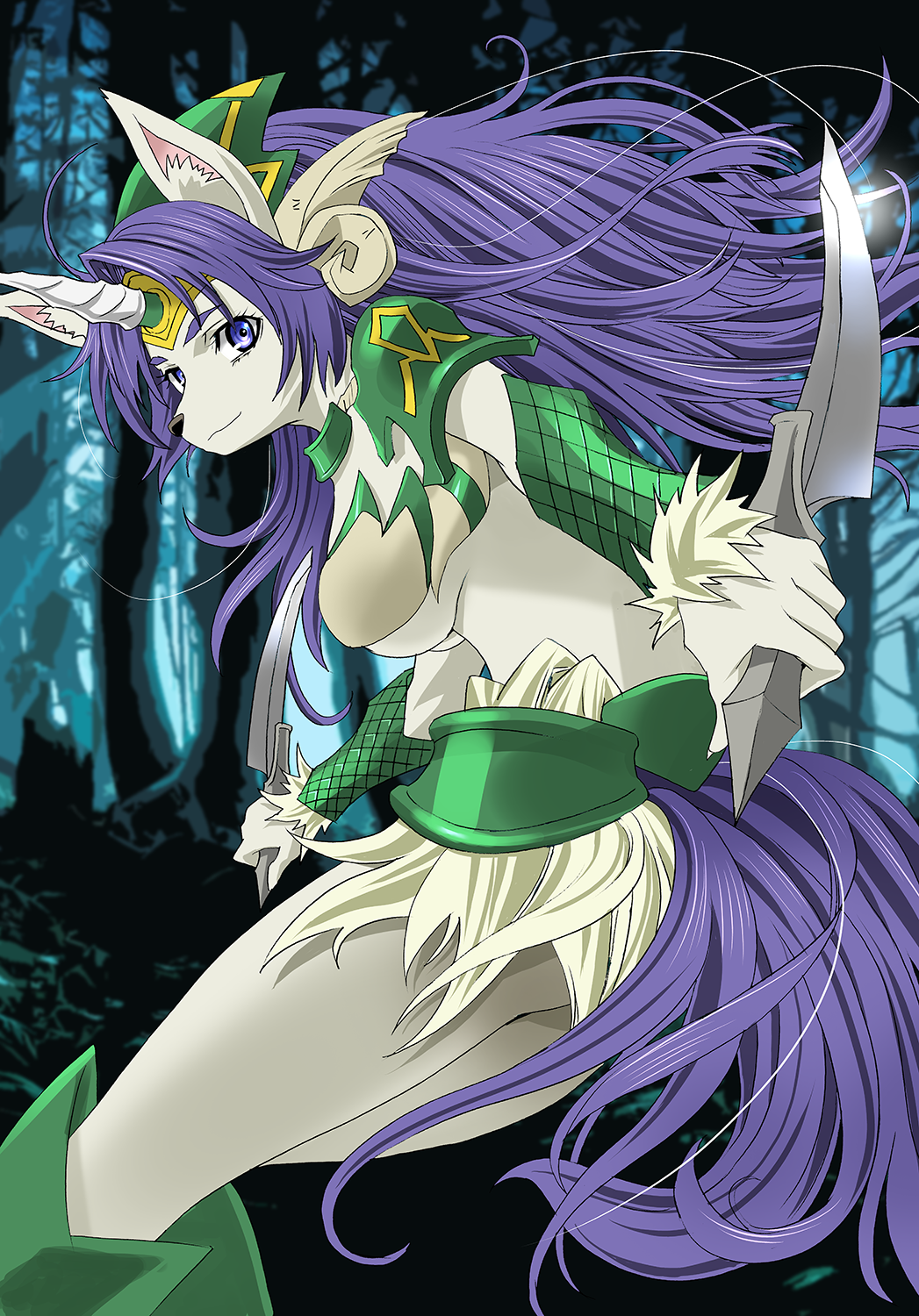 1girl, blue_eyes, breasts, female, forest, furry, legend_of_mana, long_hair