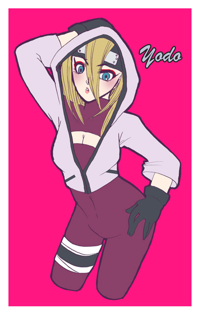 1girl, blonde_hair, blue_eyes, breasts, character_name, cleavage, gloves, hood, naruto, solo, yodo_(naruto)