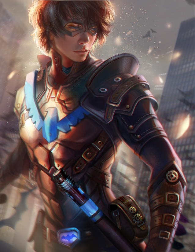1boy, bat_(symbol), batman_(series), belt, blue_eyes, body_armor, dc_comics, dick_grayson
