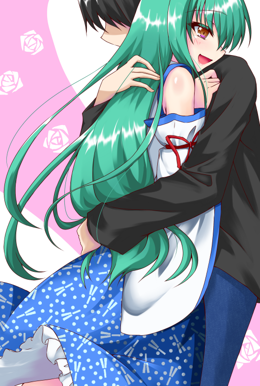 1boy, 1girl, green_hair, happy, hug, kochiya_sanae, long_hair, shintani_masaki