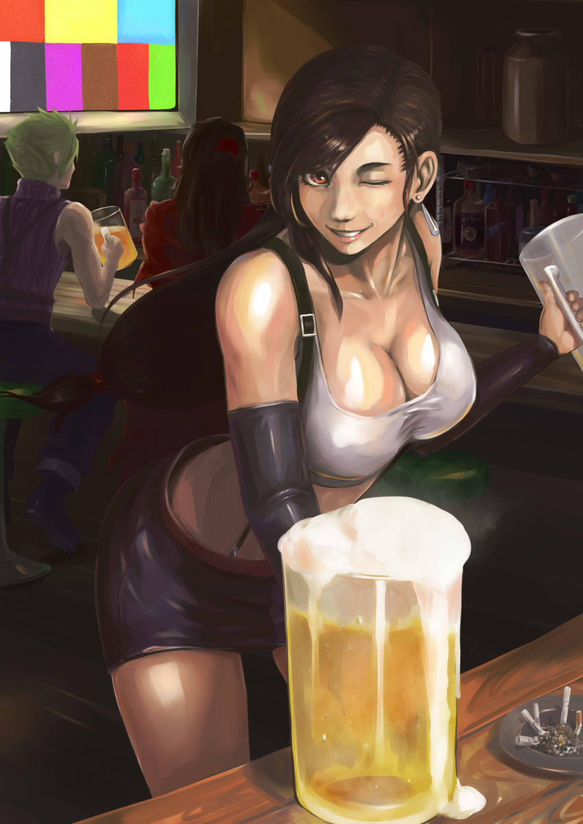 1girl, 2boys, bar, bare_shoulders, beer, black_hair, blonde_hair, breasts, brown_eyes, cleavage, cloud_strife, cup, drinking_glass, final_fantasy, final_fantasy_vii, grin, headband, hukutuuprunes, large_breasts, long_hair, looking_at_viewer, multiple_boys, one_eye_closed, smile, suspenders, television, tifa_lockhart, vincent_valentine