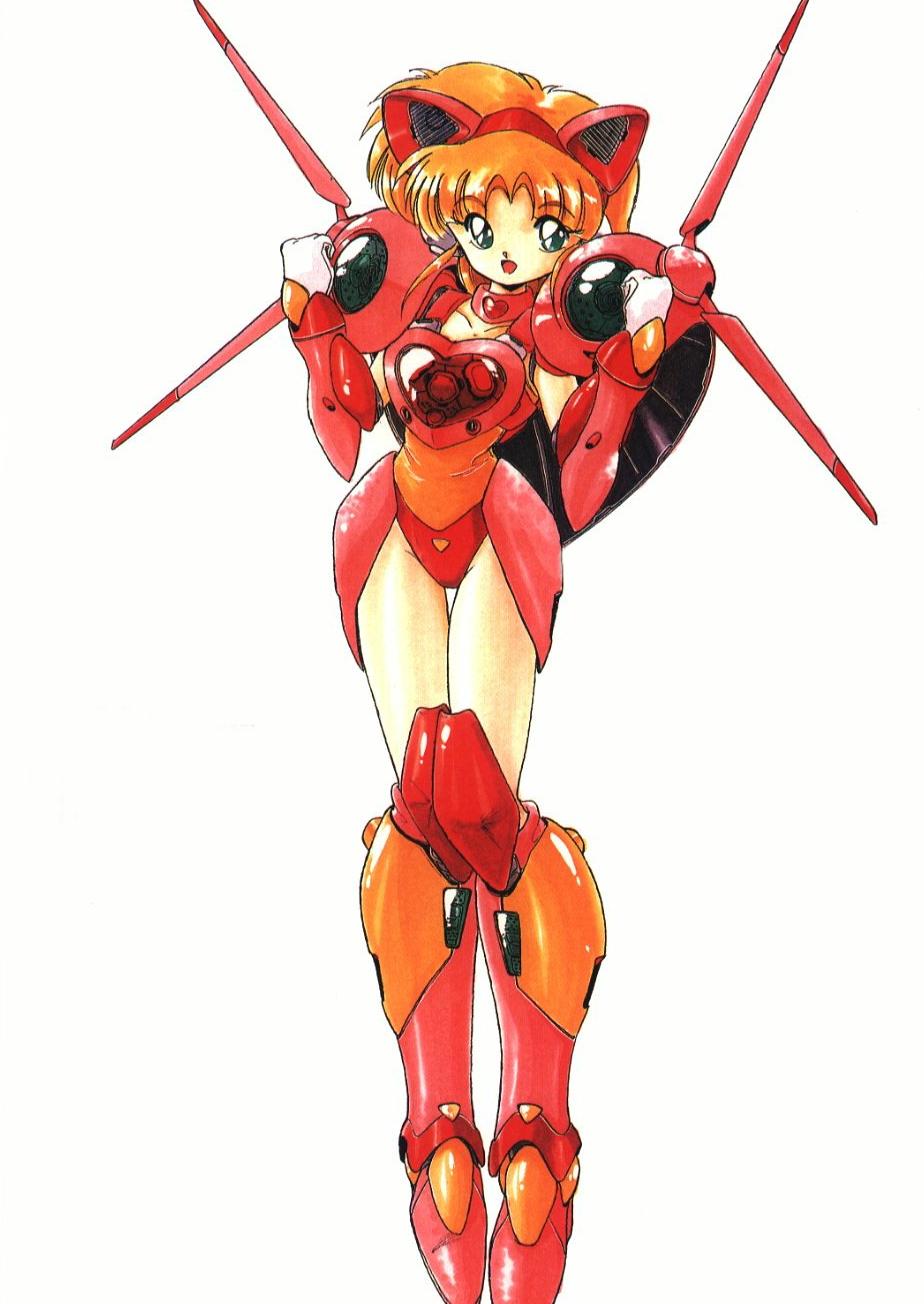 akitaka_mika, armor, blue_eyes, boots, choker, galaxy_fraulein_yuna, ginga_ojou-sama_densetsu_yuna, gloves, greaves, hairband, heart, highres, jinguuji_shiori, mecha_musume, oldschool, orange_hair, pauldrons, pigeon-toed, robot_ears, scan, simple_background, solo, thigh_boots, thigh_gap, thighhighs