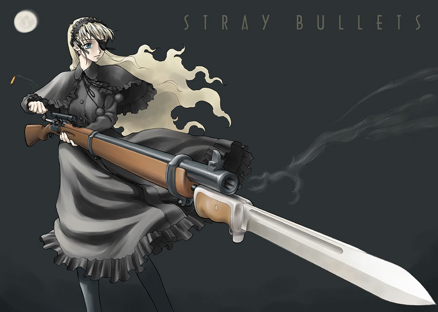 bayonet, blonde_hair, dress, eyepatch, gun, rifle, scoped_rifle, sniper_rifle