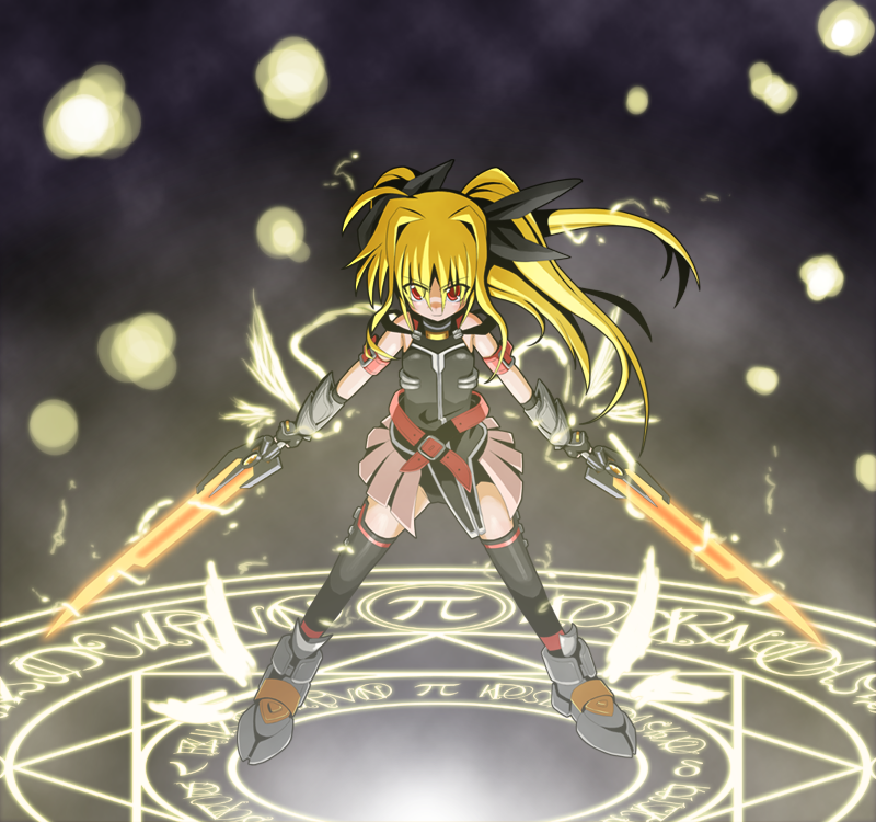 armband, bardiche, belt, black_legwear, blonde_hair, boots, dual_wielding, fate_testarossa