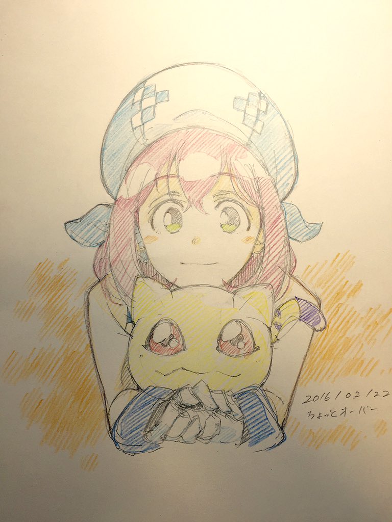 1girl, beret, blush, commentary_request, creature, dated, digimon, digimon_linkz, female, gloves, green_eyes, hat, holding, kurihara_hina, microphone, nyaromon, pink_hair, pohto, red_eyes, smile, t-okada, traditional_media, white_gloves