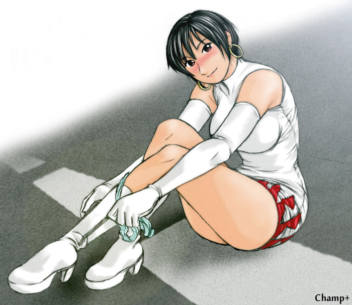 1girl, artist_name, black_hair, breasts, brown_eyes, champ+, earrings, female