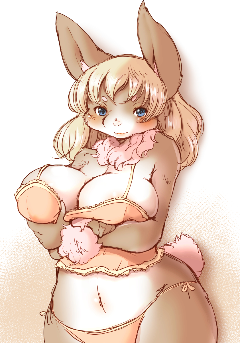 1girl, blonde_hair, blue_eyes, blush, bra, breasts, female, furry