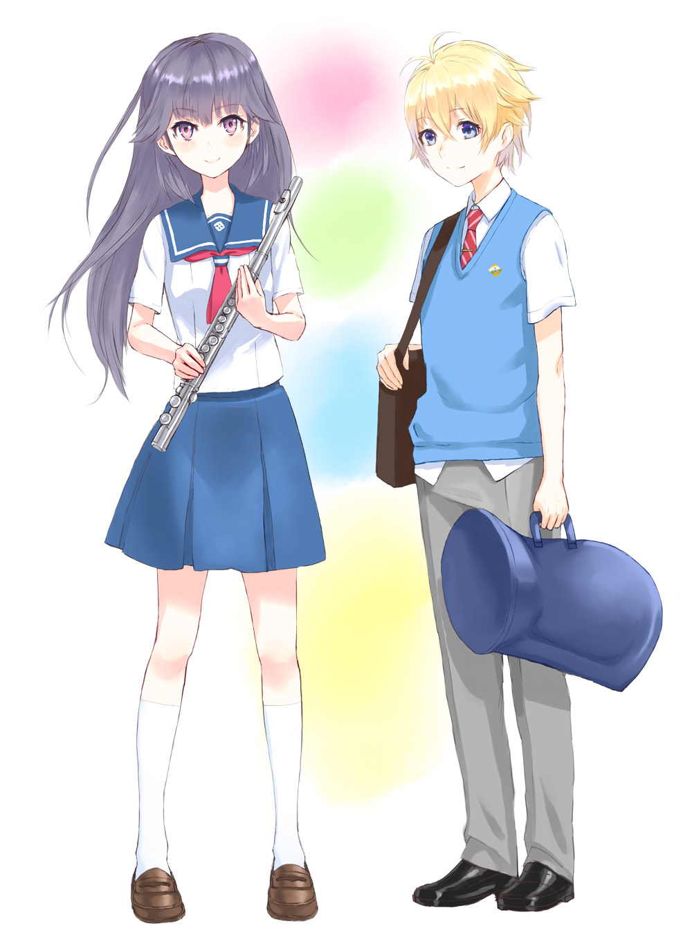 1boy, 1girl, blonde_hair, blue_eyes, blush, flute, haruchika, homura_chika