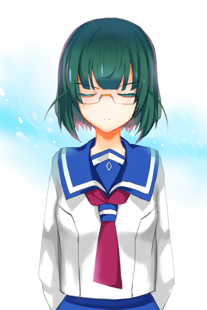 1girl, artist_request, breasts, closed_eyes, glasses, green_hair, haruchika, school_uniform