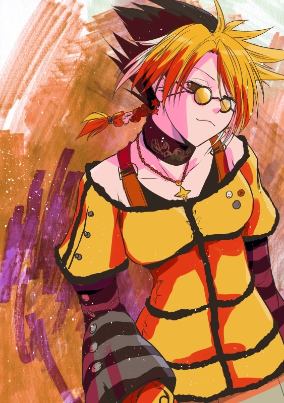 1girl, black_hair, blonde_hair, brown_eyes, choker, glasses, jewelry, kagehi_no_loo
