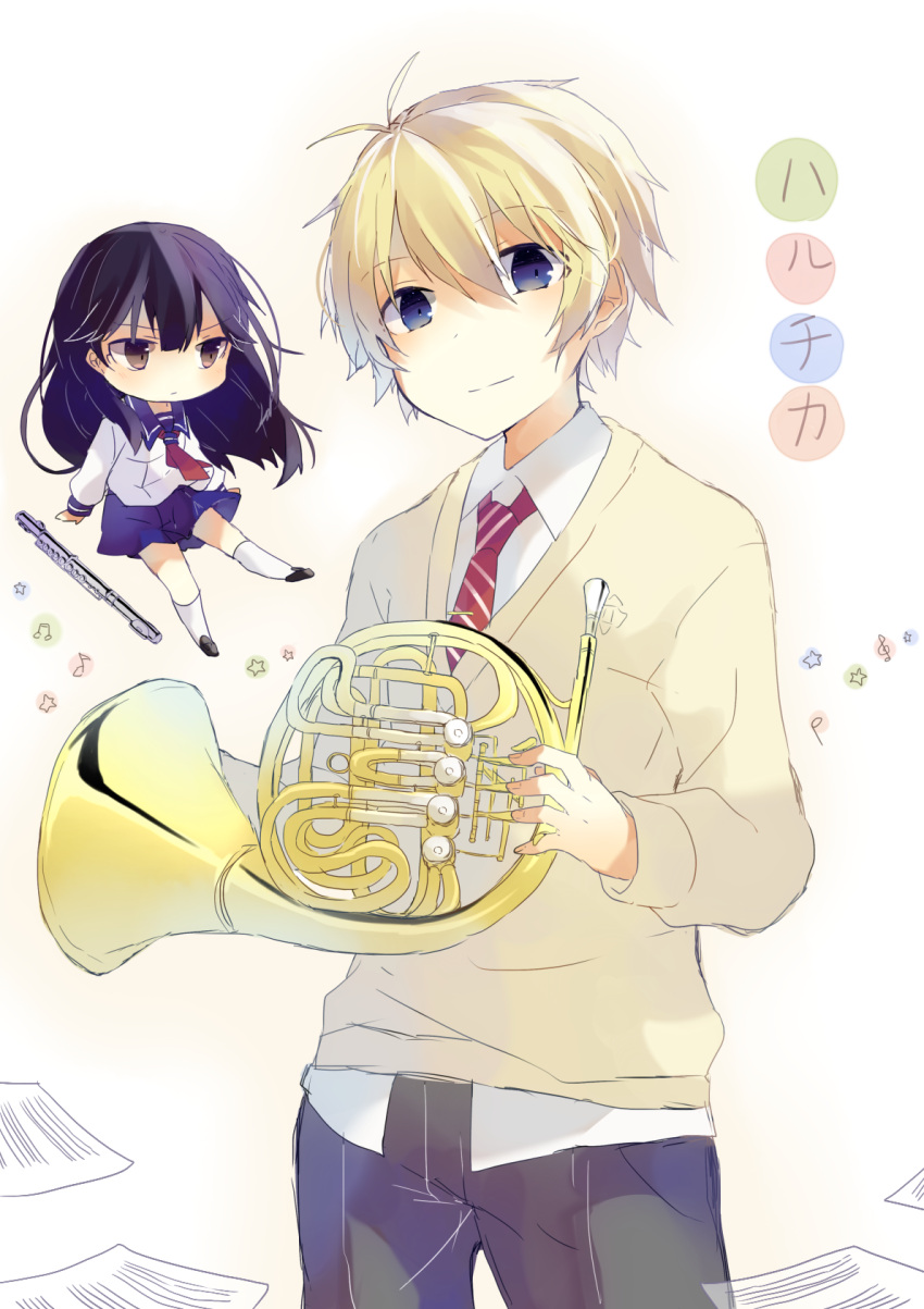 1boy, 1girl, black_hair, blonde_hair, blue_eyes, brown_eyes, haruchika, homura_chika