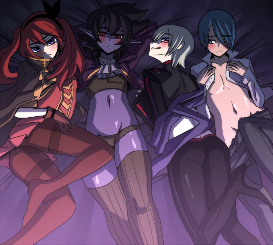 4boys, amel, americano_beans, americano_exodus, ash_(closers), ass, black_hair, blue_eyes, blue_hair, blush, cape, character_request, closers, covering, dnf, dungeon_and_fighter, gloves, hair_over_one_eye, hair_ribbon, hairband, high_heels, licking_lips, long_hair, lying, multiple_boys, naughty_face, on_back, on_stomach, pants, pantyhose, pointy_ears, purple_skin, red_eyes, redhead, ribbon, short_hair, smile, thigh-highs, tied_hair, tongue, tongue_out, trap, twintails, violet_eyes, vulcan_(ejel2000), white_hair