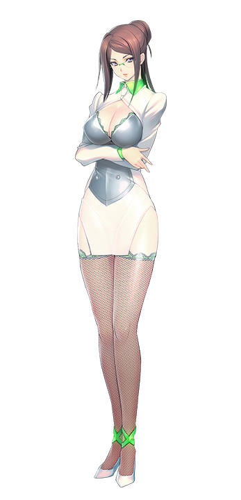 1girl, breasts, brown_hair, cleavage, cleavage_cutout, crossed_arms, feet, fishnets
