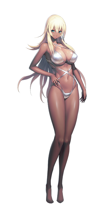 1girl, bare_arms, bare_legs, bare_shoulders, barefoot, bikini, blonde_hair, breasts, cleavage, dark_skin, feet, full_body, game_cg, green_eyes, large_breasts, legs, long_hair, looking_at_viewer, navel, nitroplus, olga_(tokyo_necro), oosaki_shin'ya, simple_background, smile, solo, standing, swimsuit, thighs, tokyo_necro, white_background, white_bikini