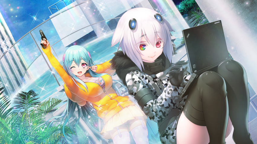 2girls, aqua_hair, breasts, cleavage, computer, con_su, dutch_angle, floating_hair