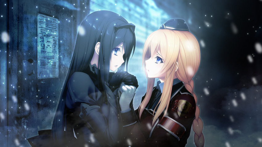 2girls, aso_kiriri, badge, bangs, black_hair, blonde_hair, blue_eyes, braid