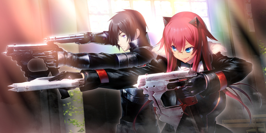 1boy, 1girl, black_hair, blue_eyes, breasts, fighting_stance, fur_trim, game_cg