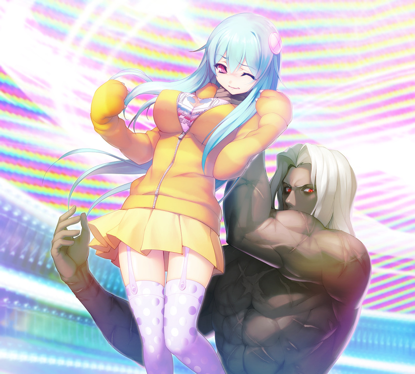 1girl, aqua_hair, bear_paws, blue_hair, breasts, clothed_female_nude_male, floating_hair, game_cg