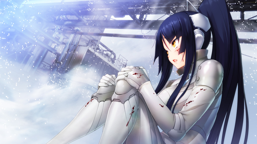 1girl, blood, blood_on_face, blue_hair, bodysuit, breasts, game_cg, gijou_mitsumi