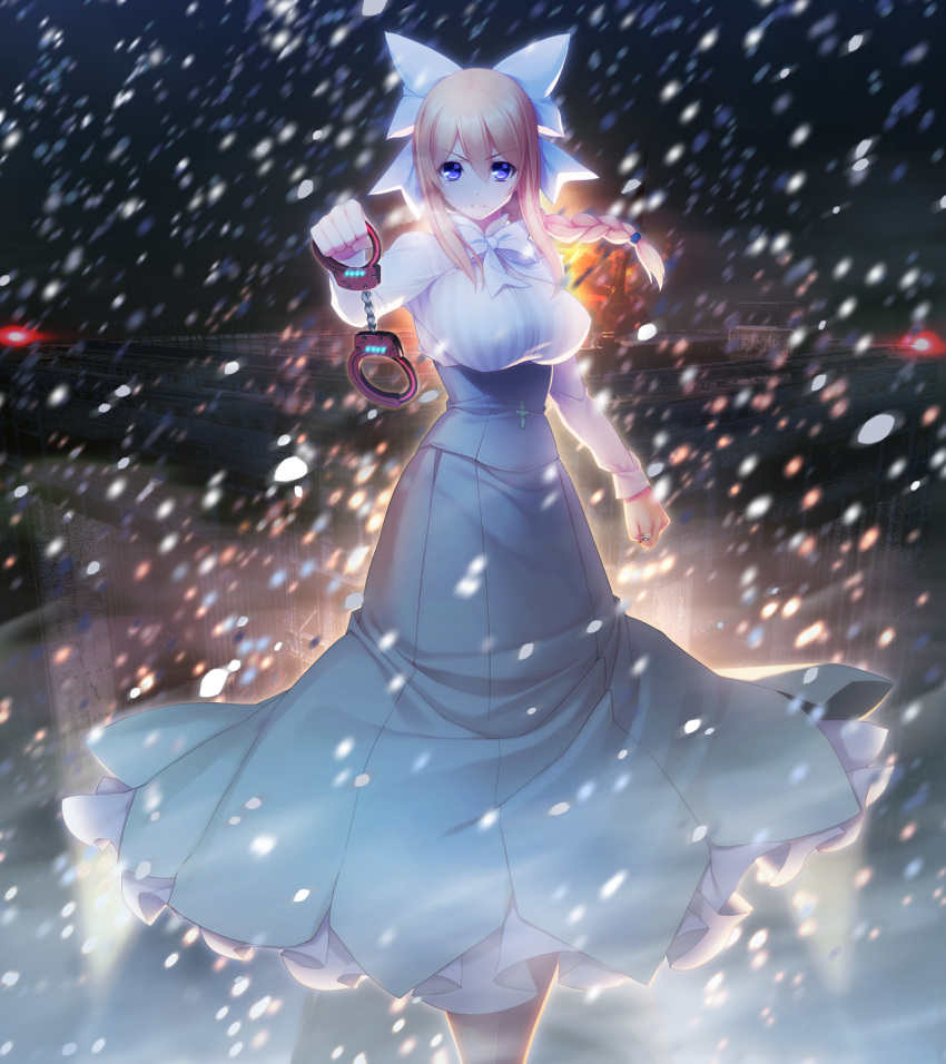 1girl, aso_kiriri, blonde_hair, blue_eyes, bow, braid, breasts, cuffs