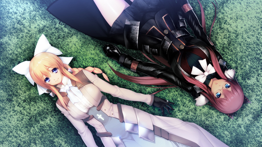 2girls, aso_kiriri, blonde_hair, blue_eyes, bow, braid, breasts, brown_hair