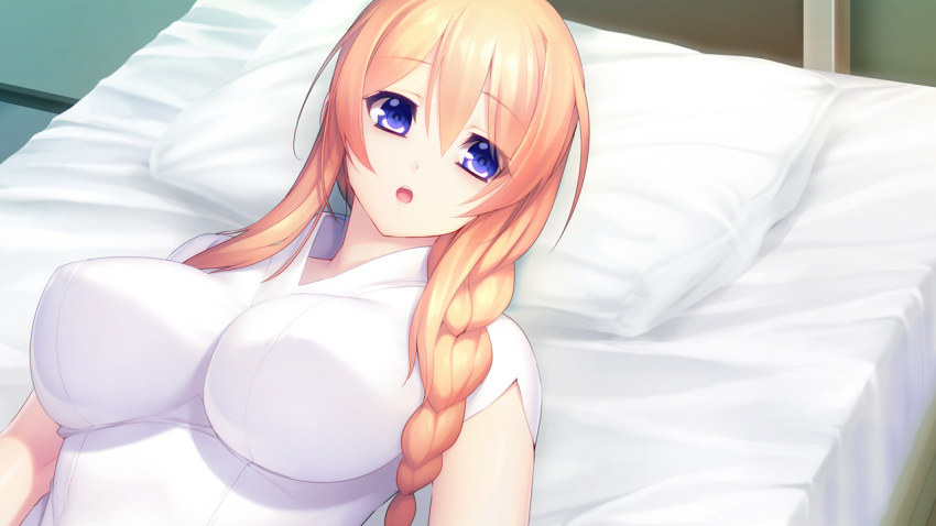 1girl, aso_kiriri, bangs, bed, blonde_hair, blue_eyes, braid, breasts