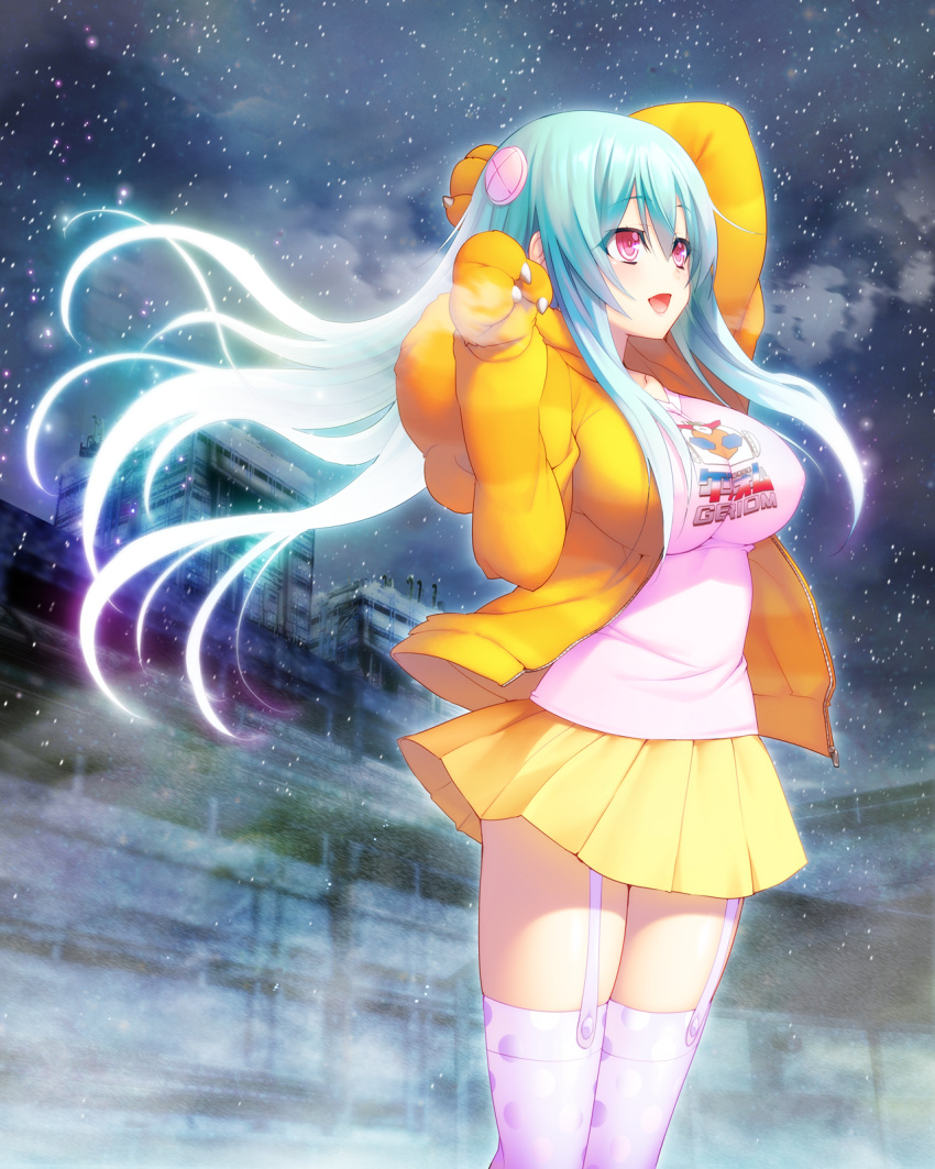 1girl, aqua_hair, bear_paws, blue_hair, blush, breasts, floating_hair, game_cg, garter_straps, happy, highres, hood, hoodie, hougyou_ilia, jacket, large_breasts, legs, long_image, looking_away, night, nitroplus, oosaki_shin'ya, open_clothes, open_mouth, outdoors, paws, pink_eyes, skirt, sky, smile, snow, snowing, solo, standing, stars, thigh-highs, thighs, tokyo_necro, wind, zipper