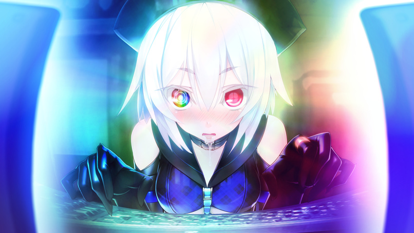 1girl, bare_shoulders, blush, breasts, collar, con_su, drooling, elbow_gloves