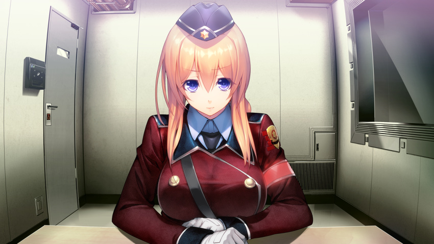 1girl, aso_kiriri, badge, bangs, blonde_hair, blue_eyes, breasts, door