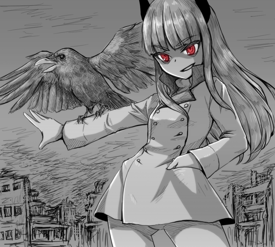 1girl, bird, coat, grete_m_gollob, grin, liar_lawyer, long_hair, monochrome, raven, red_eyes, ruins, smile, strike_witches