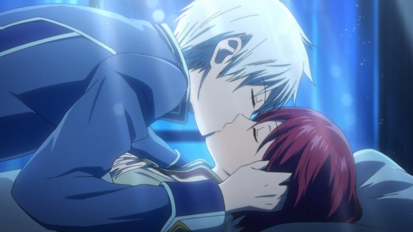 1boy, 1girl, akagami_no_shirayukihime, couple, grey_hair, kiss, redhead, shirayuki_(akagami_no_shirayukihime)