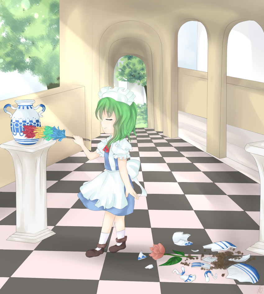 1girl, closed_eyes, green_hair, khylimei, ruukoto, smile, touhou, touhou_(pc-98)