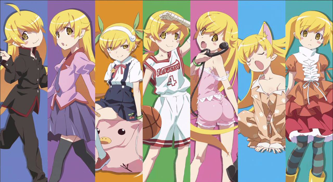 1girl, araragi_koyomi_(cosplay), artist_request, blonde_hair, cosplay, hachikuji_mayoi_(cosplay), hanekawa_tsubasa_(cosplay), kanbaru_suruga_(cosplay)