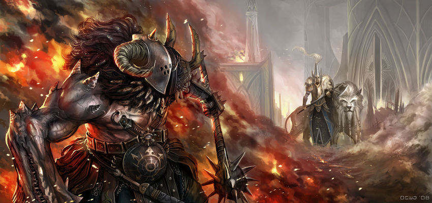 axe, dcwj, elf, fantasy, fire, helmet, horns, lion