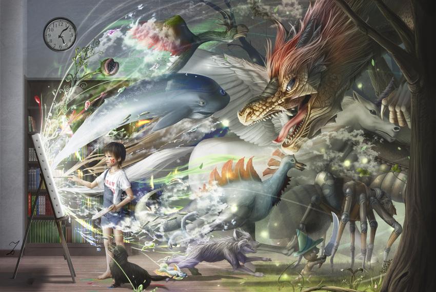 2boys, artist, barefoot, bird, book, brown_hair, child, clock, dog, dragon, drawing, easel, feet, fish, grass, highres, indoors, monster, multiple_boys, realistic, shirt, short_hair, shorts, standing, t-shirt, to1989, toes, tree, unicorn