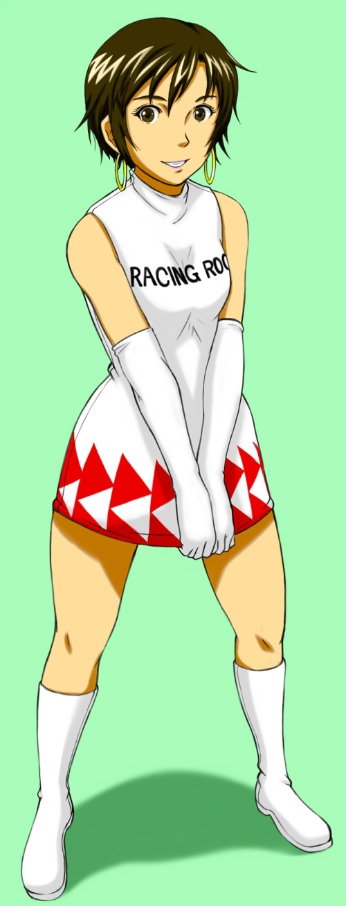 1girl, boots, brown_eyes, brown_hair, dress, earrings, female, full_body