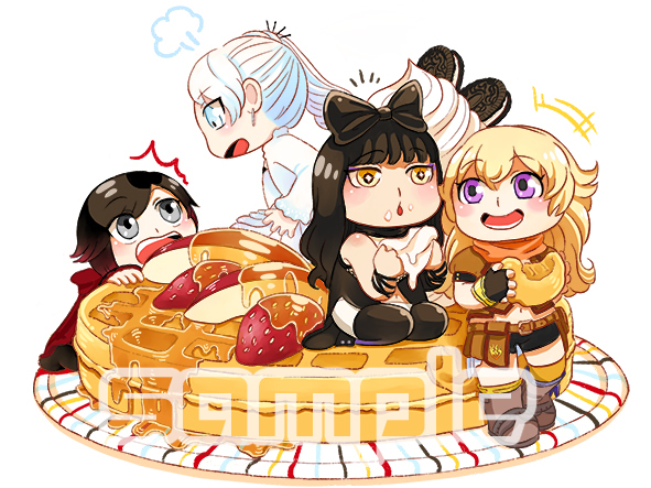4girls, black_hair, blake_belladonna, blonde_hair, chibi, eating, multiple_girls, pixiv_manga_sample