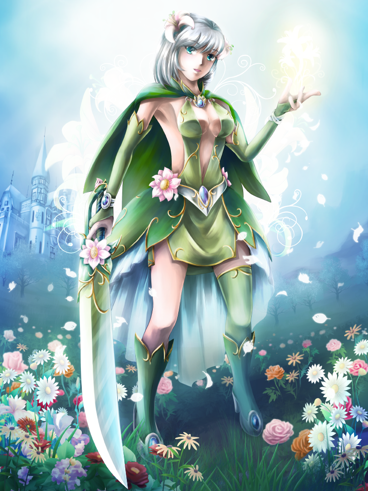 1girl, bangs, blue_background, boots, breasts, bridal_gauntlets, brooch, building
