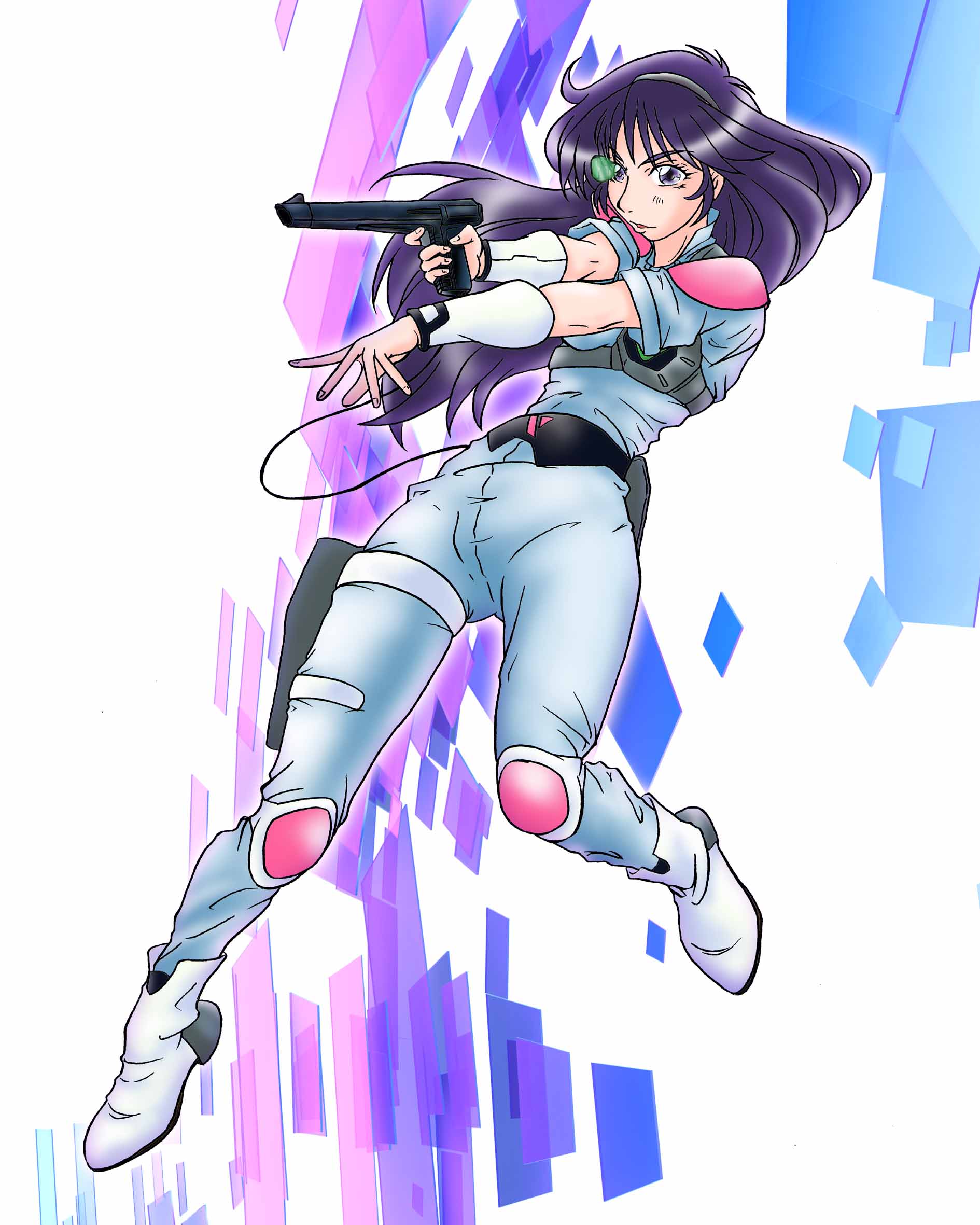 1girl, akai_koudan_zillion, apple_(zillion), blue_hair, scouter