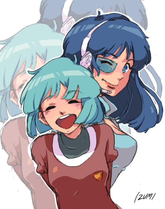 2girls, akai_koudan_zillion, apple_(zillion), blue_hair, multiple_girls, scouter