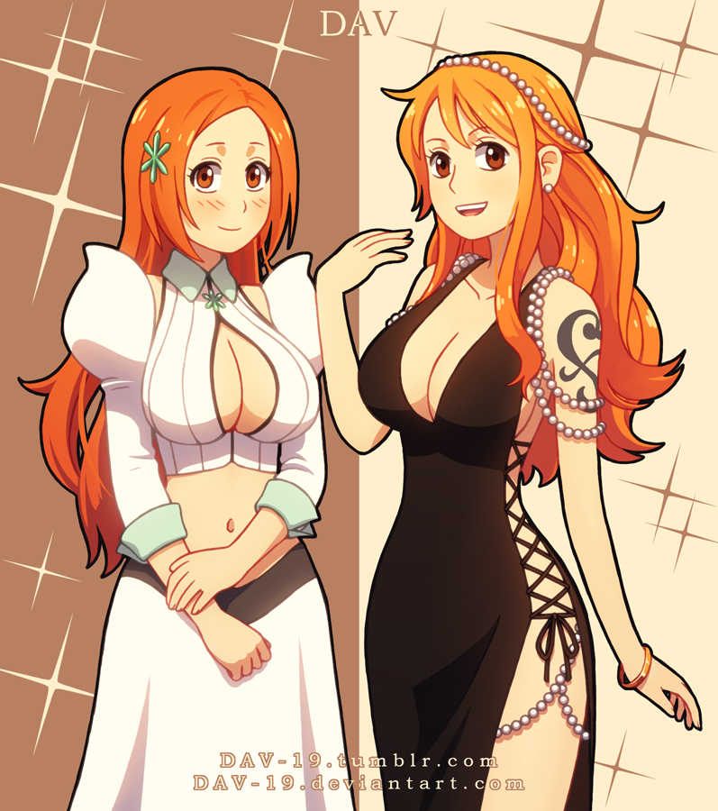 2girls, beads, black_dress, bleach, blush, breasts, brown_eyes, cleavage, cleavage_cutout, crossover, dav-19, dress, hair_ornament, inoue_orihime, keyhole_neckline, large_breasts, long_hair, looking_at_viewer, midriff, multiple_girls, nami_(one_piece), navel, one_piece, orange_hair, smile, tattoo