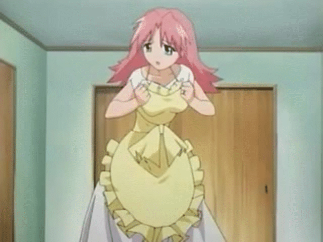 animated, animated_gif, apron, asaba_ureshiko, okusama_wa_mahou_shoujo, pink_hair, skirt, skirt_lift