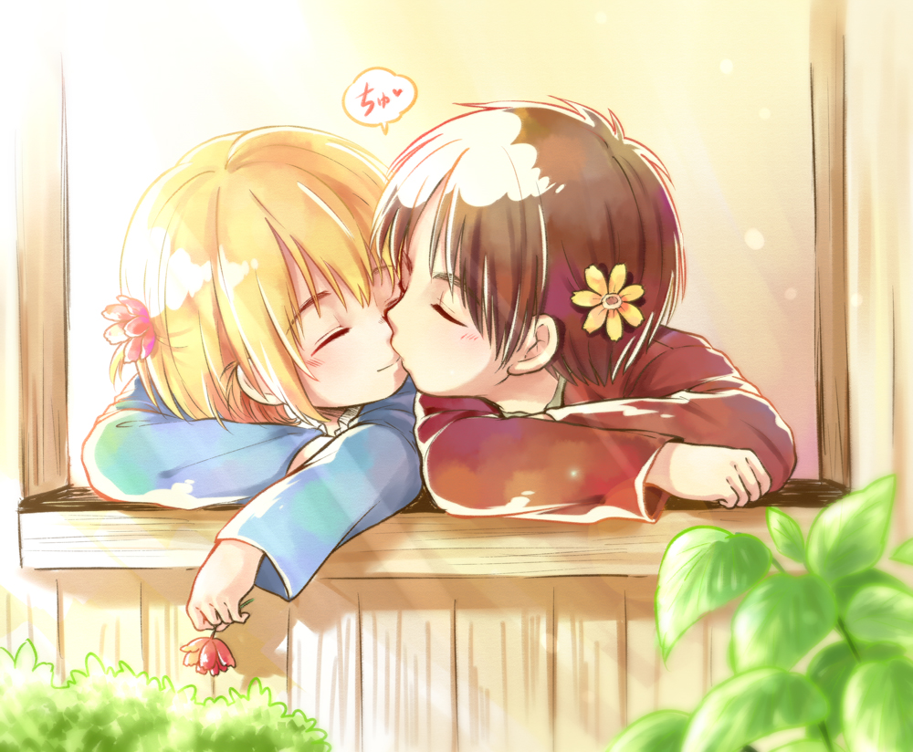 2boys, armin_arlert, blonde_hair, blush, child, closed_eyes, eren_yeager, flower