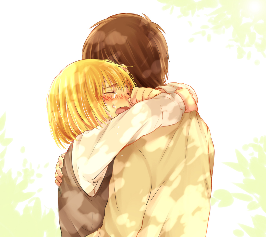 2boys, armin_arlert, blonde_hair, blush, child, crying, eren_yeager, hug