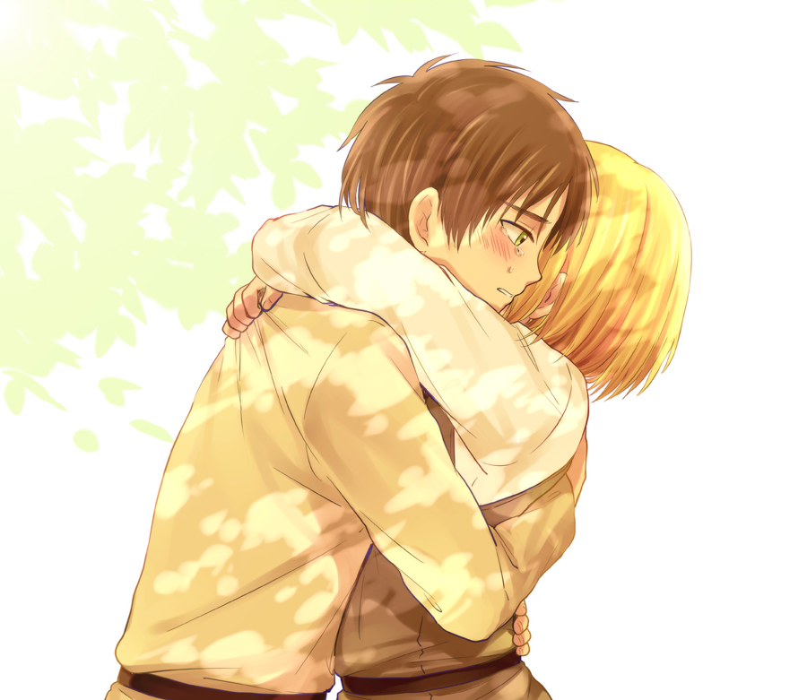 2boys, armin_arlert, blonde_hair, blush, child, eren_yeager, hug, leaf