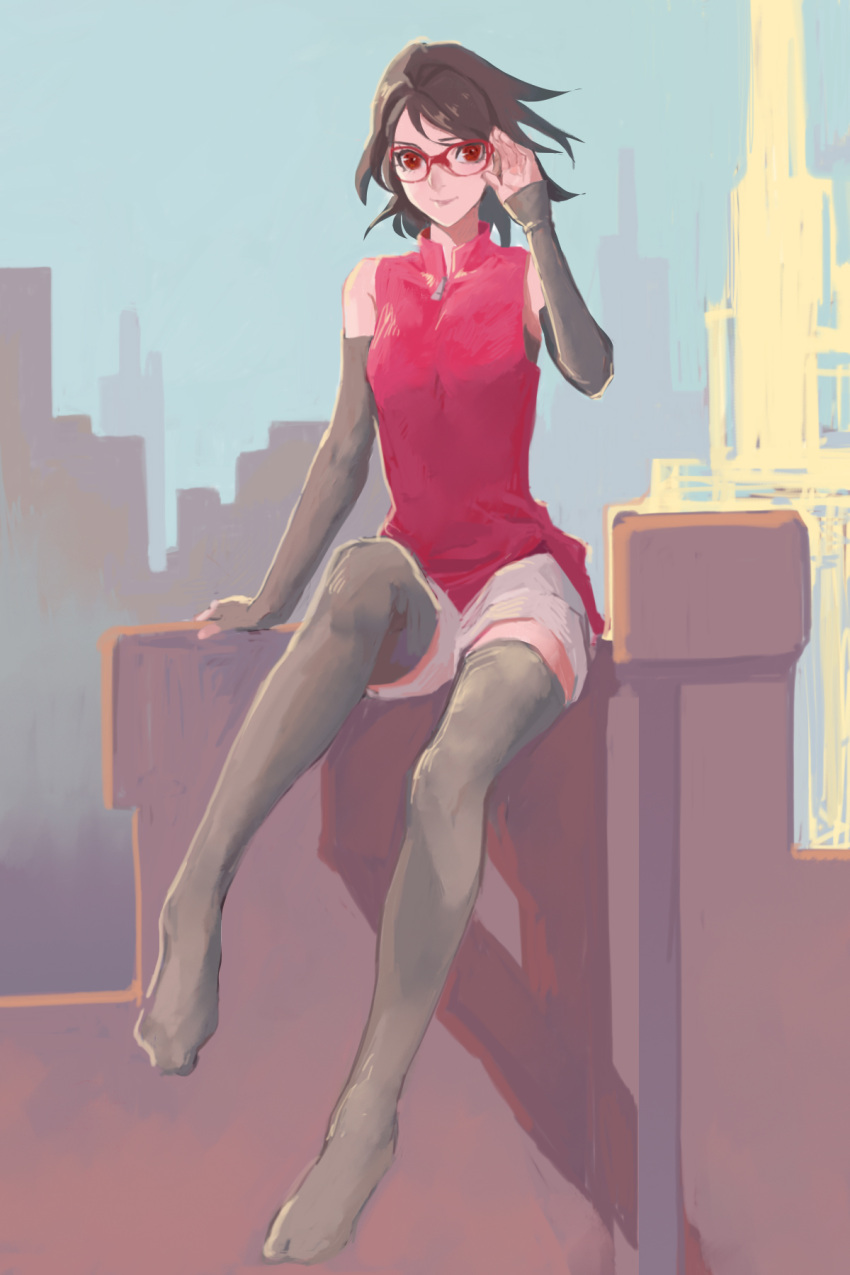 1girl, arm_warmers, bare_shoulders, black_hair, black_legwear, blue_sky, breasts, building
