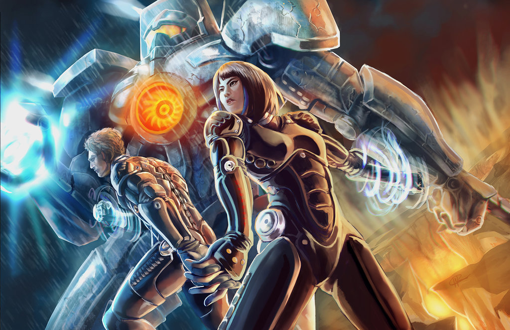 1boy, 1girl, arm_blade, armor, gipsy_danger, glowing, hand_holding, highres