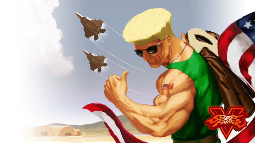 1boy, airplane, american_flag, biceps, blonde_hair, blue_sky, capcom, condensation_trail, enrique, guile, jacket, jacket_over_shoulder, jet, logo, muscle, sky, sleeveless, smile, solo, street_fighter, street_fighter_v, sunglasses, tattoo, thumbs_up, toned