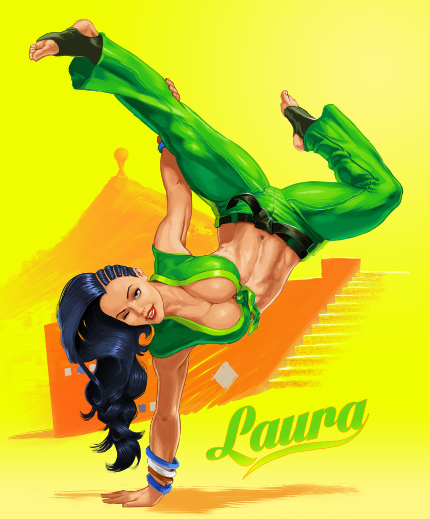 1girl, asymmetrical_hair, black_hair, breasts, cleavage, cornrows, enrique, front-tie_top, handstand, laura_matsuda, looking_at_viewer, navel, smile, solo, stomach, street_fighter, street_figter_v, toeless_legwear, toned, upside-down, vest